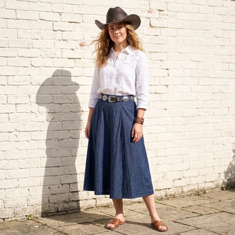 Denim Flare Skirt Womens XL Dark Blue Elastic Waist Pockets Casual Midi A Line